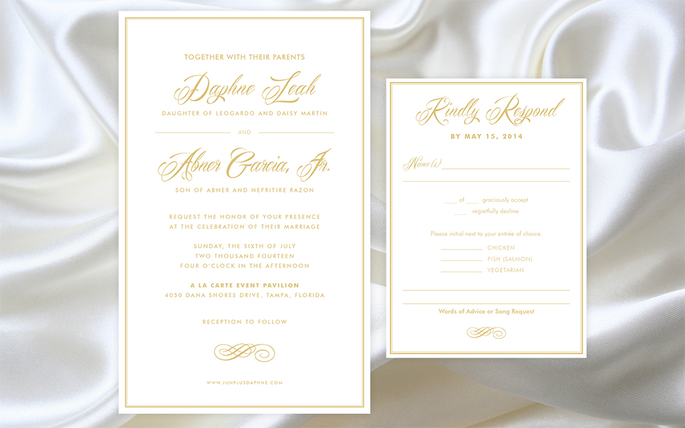 Daphne & Jun’s Elegant Gold & White Wedding Invitations